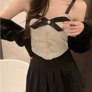 Tweed Contrast Trim Button Front Smocked Back Grey Sleeveless Cami Top with Bow